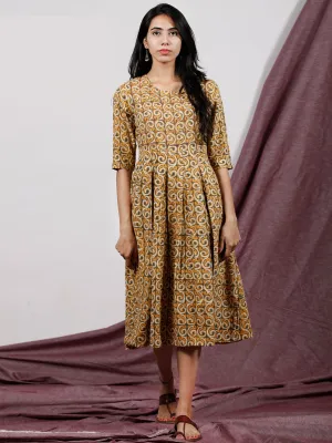 Rust Orange Grey Ivory Hand Block Printed Midi Length Dress - D223F1325