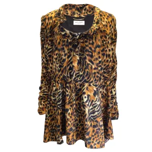 Saint Laurent Tan / Brown / Black Animal Printed Long Sleeved Silk Dress