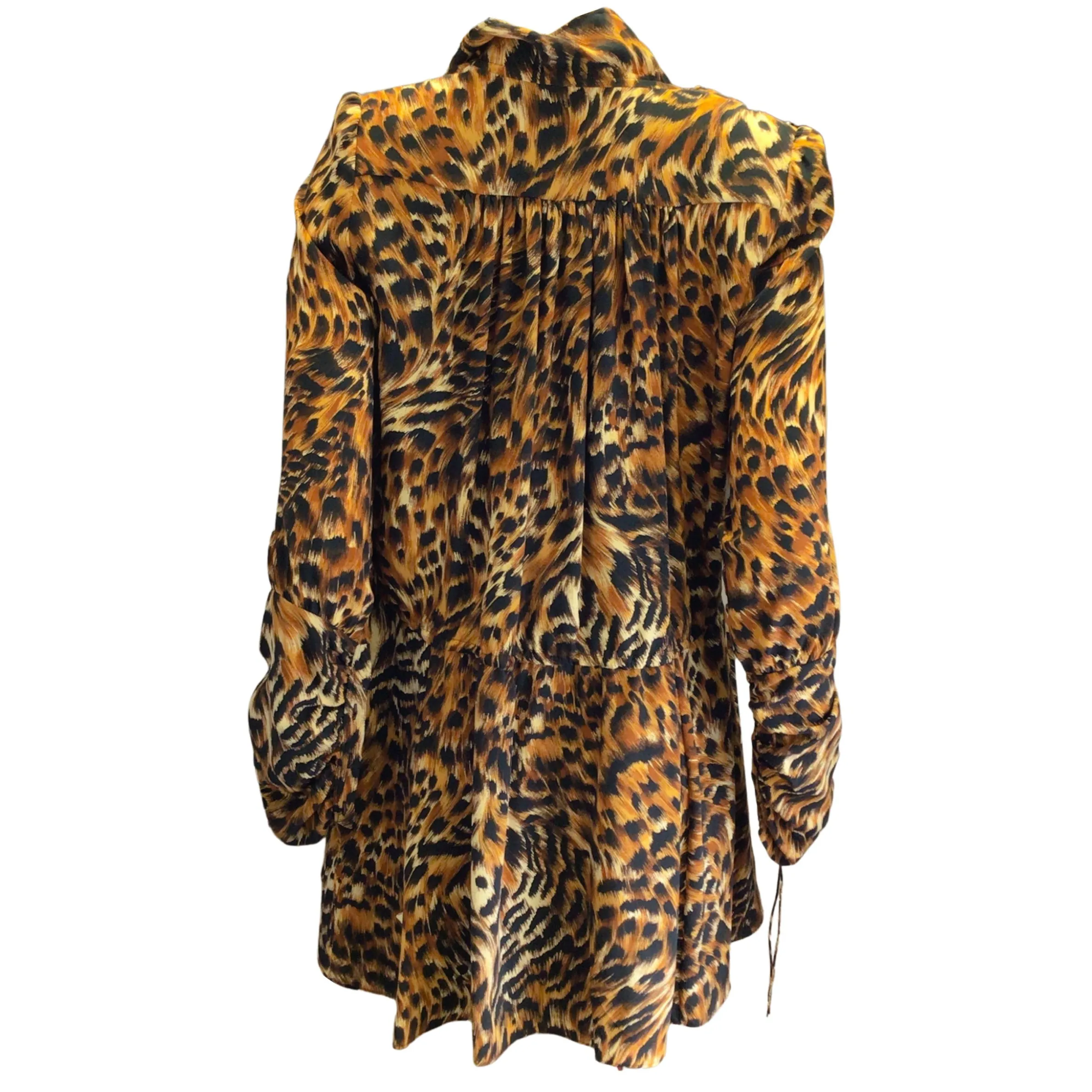 Saint Laurent Tan / Brown / Black Animal Printed Long Sleeved Silk Dress