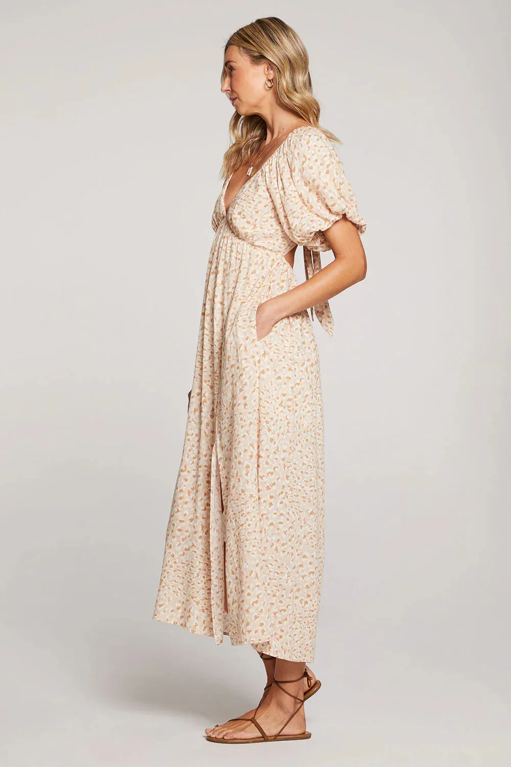 SAL Tristan Puff Sleeve Midi Dress in Subtle Leopard