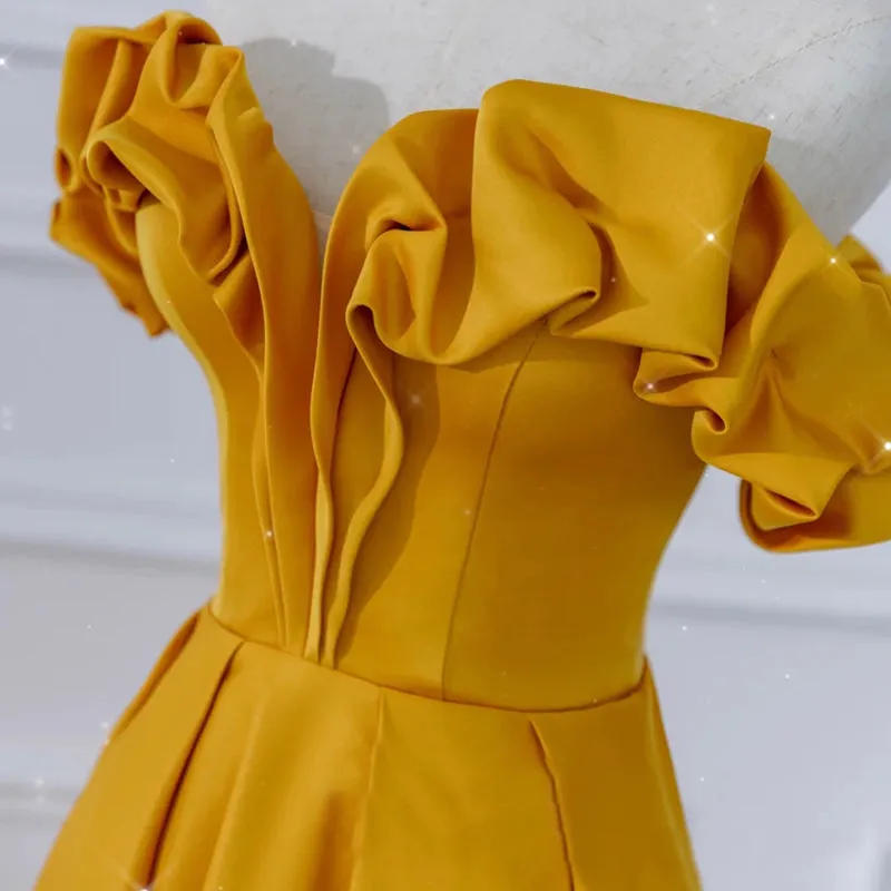 Satin Dark Yellow Off Shoulder Party Dress, A-line Satin Prom Dress