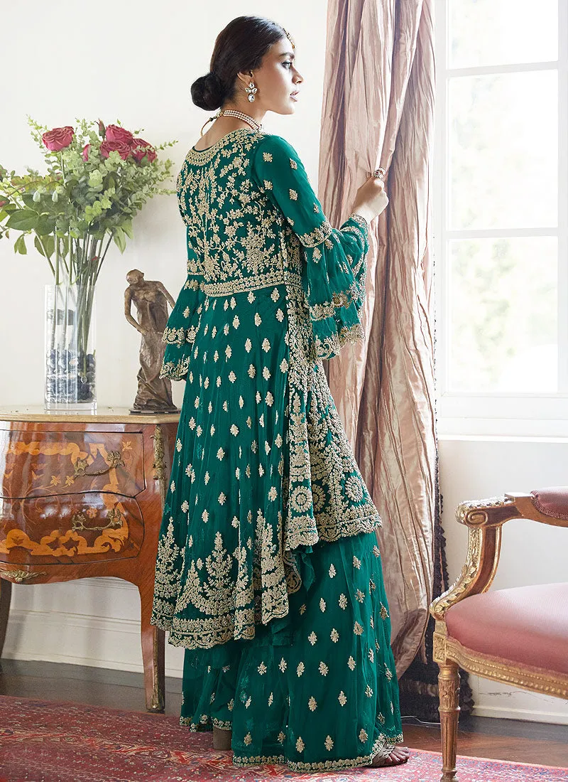 Sea Green Beige Multi Embroidered Designer Gharara Suit