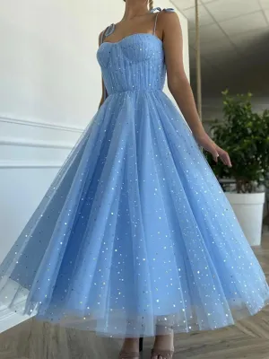 Spaghetti Straps Blue Tea Length Tulle Prom Dresses