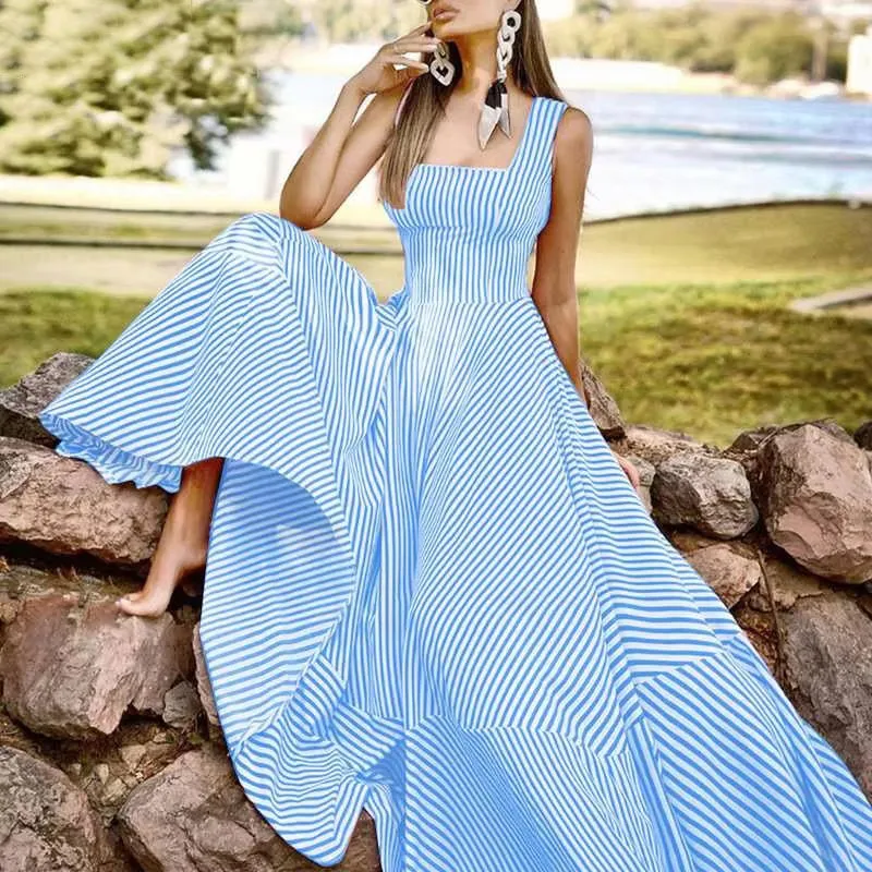 Summer Elegant Striped Pattern Sleeveless Maxi Dress for Women