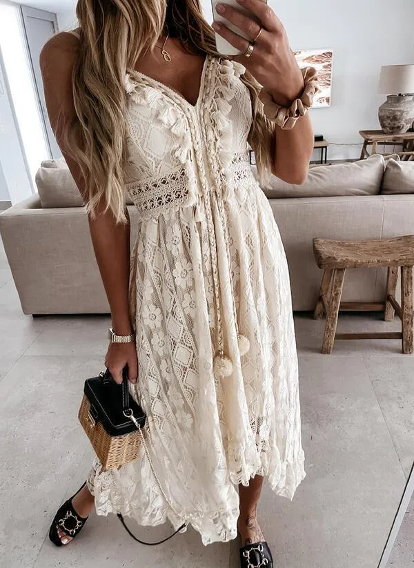 Summer Lace V Neck Sexy Midi Dresses