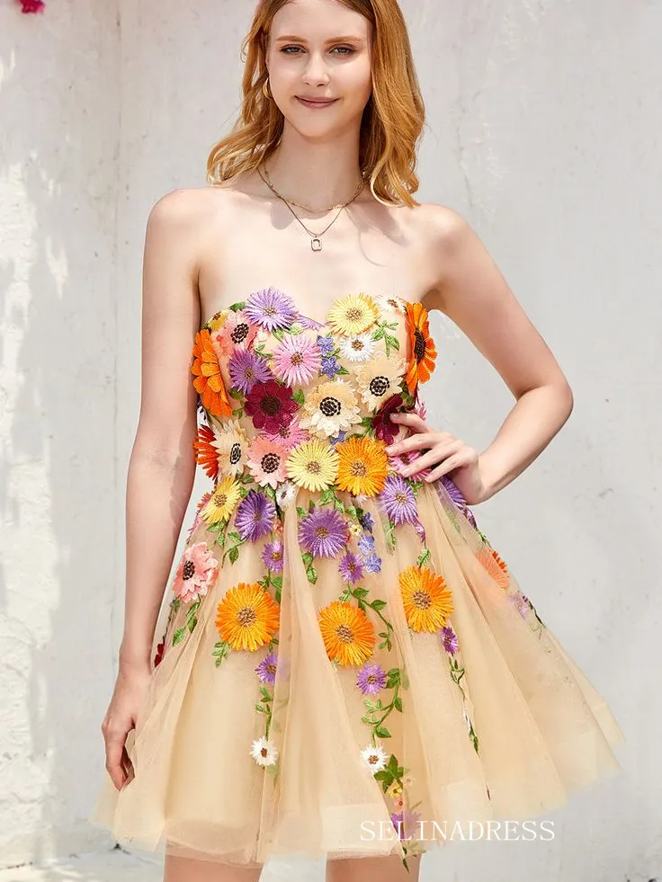 Sweetheart Floral Homecoming Dress Tulle Short Prom Dress EWR413