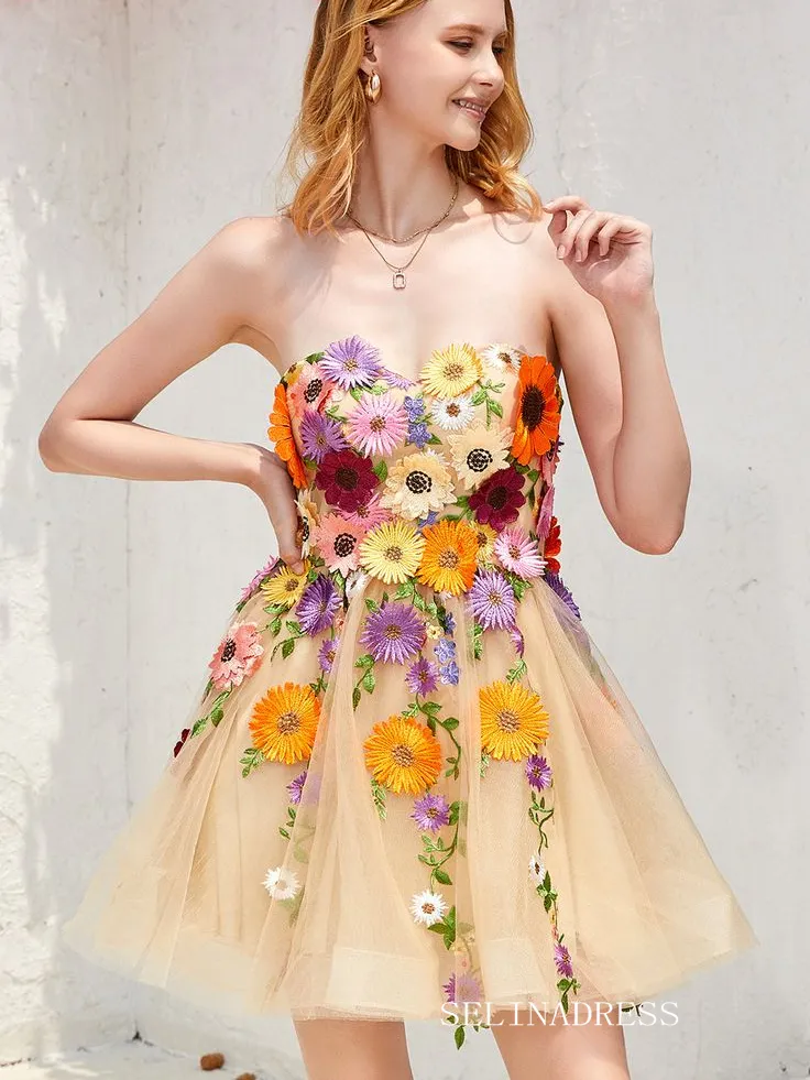 Sweetheart Floral Homecoming Dress Tulle Short Prom Dress EWR413