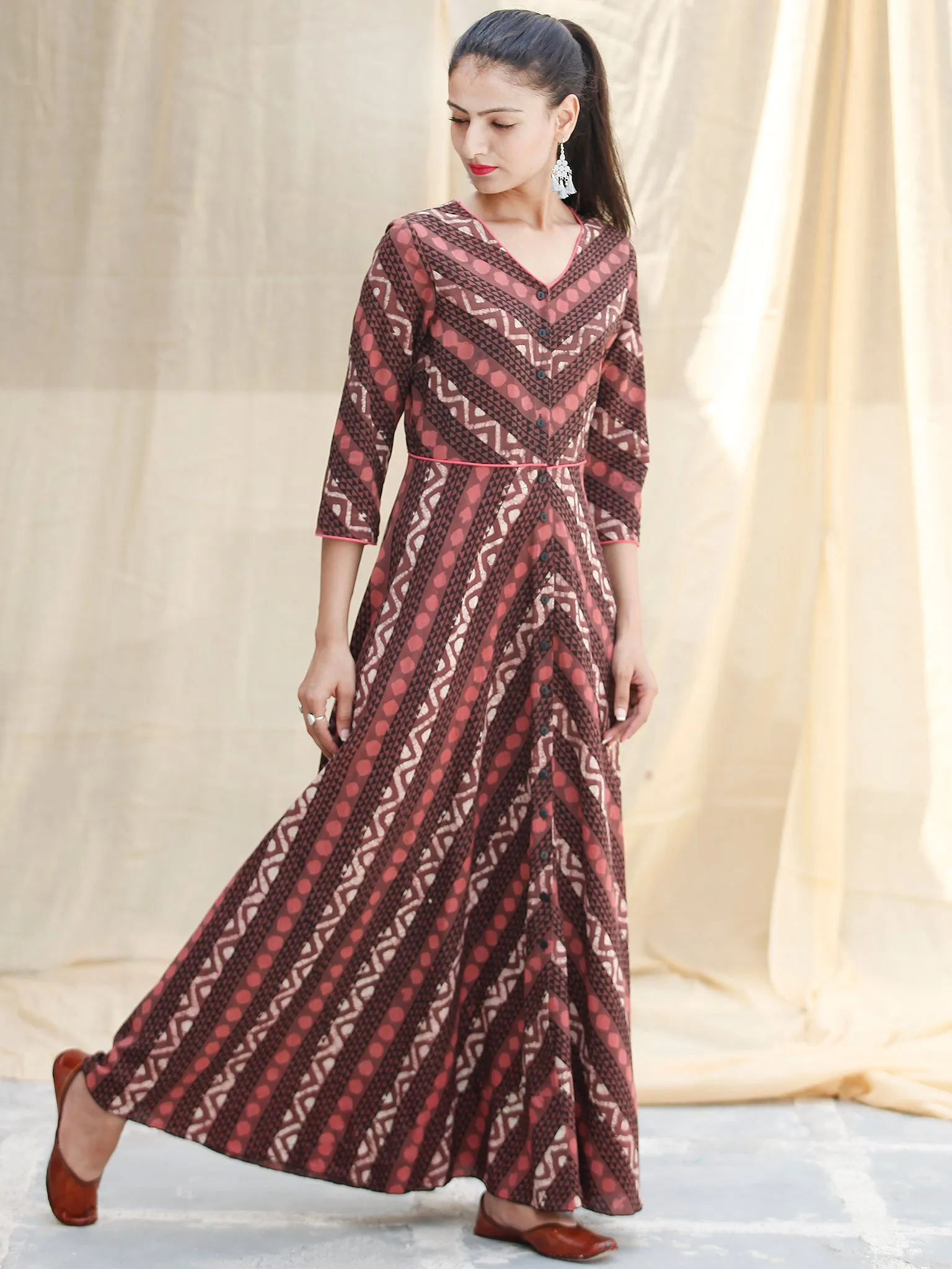 SYMMETRICALLY ASYMMETRIC -  Hand Block Printed Long Cotton Dress With Front Opening  - D79F1733