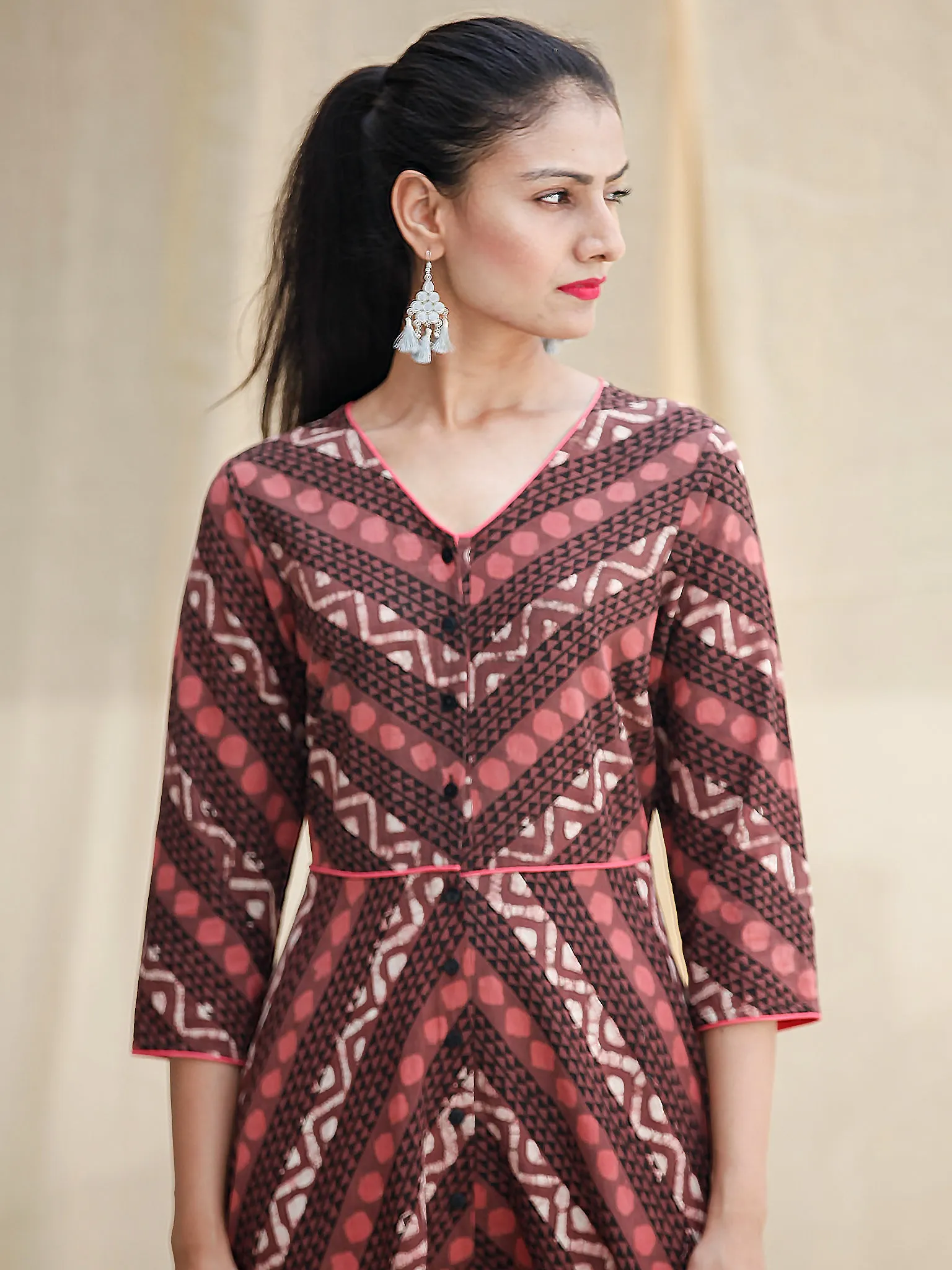 SYMMETRICALLY ASYMMETRIC -  Hand Block Printed Long Cotton Dress With Front Opening  - D79F1733