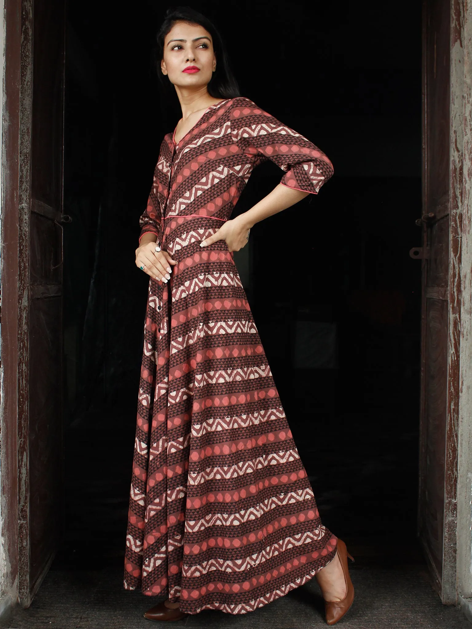 SYMMETRICALLY ASYMMETRIC -  Hand Block Printed Long Cotton Dress With Front Opening  - D79F1733