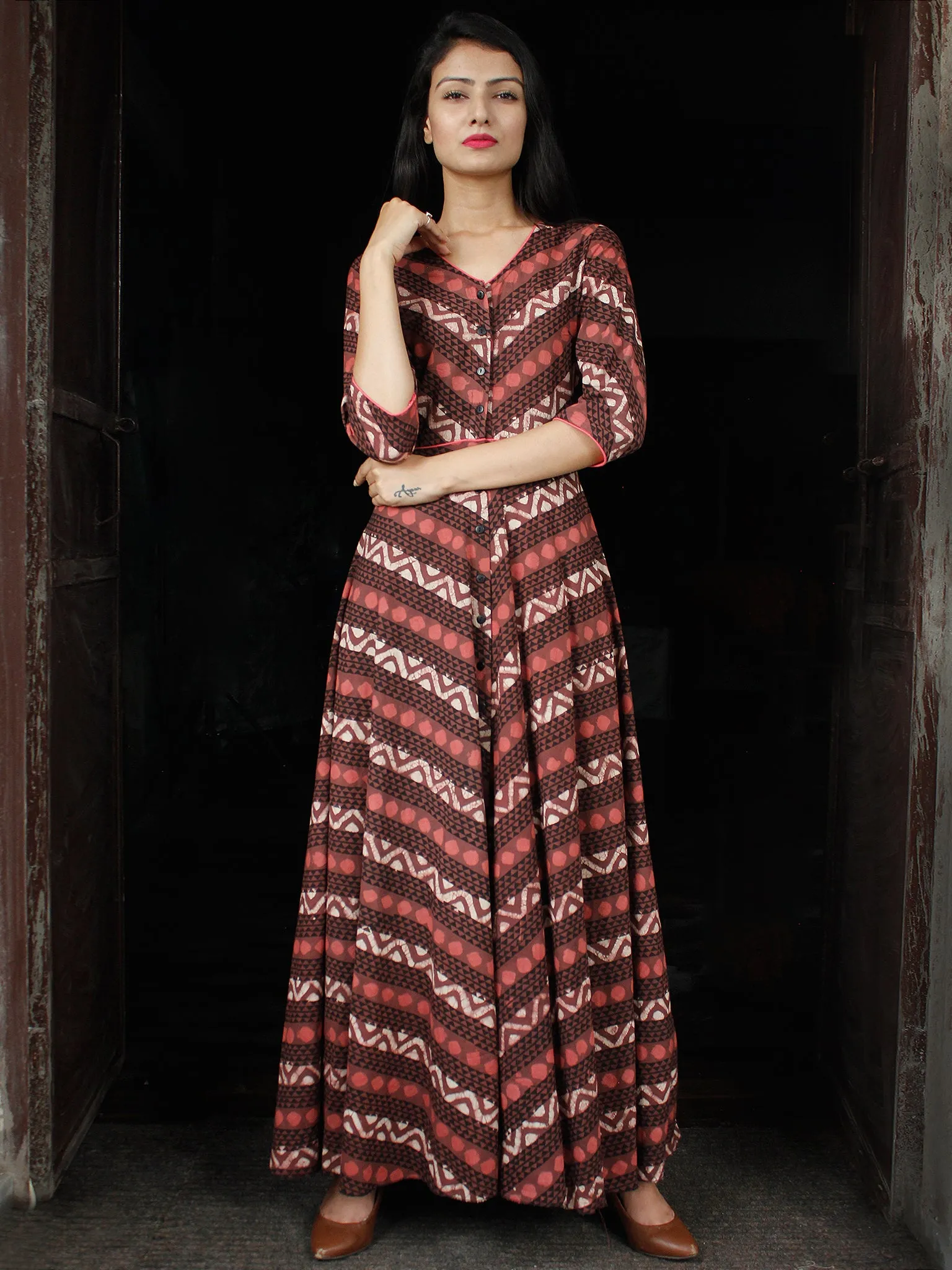 SYMMETRICALLY ASYMMETRIC -  Hand Block Printed Long Cotton Dress With Front Opening  - D79F1733