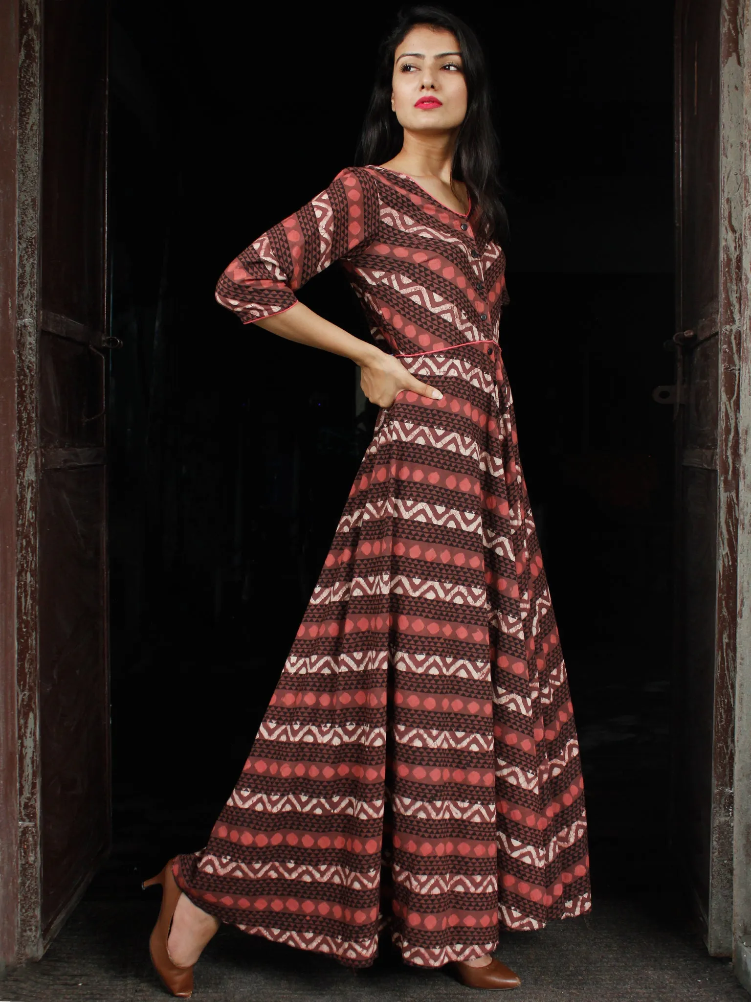 SYMMETRICALLY ASYMMETRIC -  Hand Block Printed Long Cotton Dress With Front Opening  - D79F1733