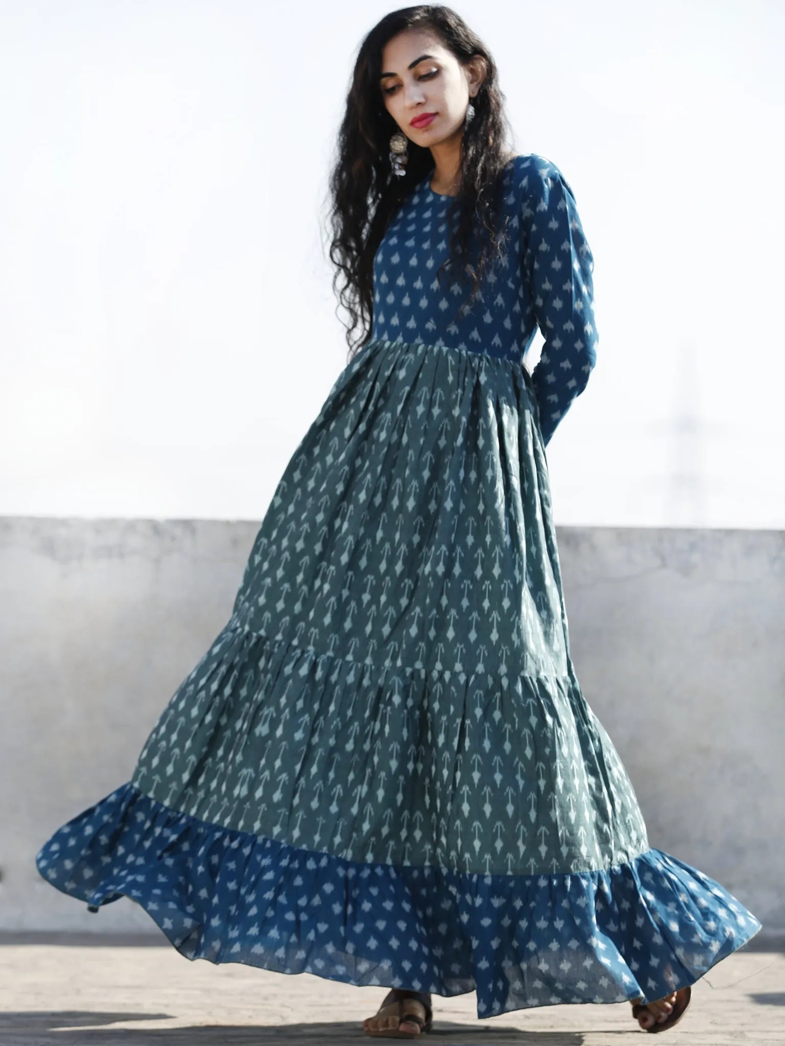 Teal Blue Pastel Teal Green Hand Woven Mercerized Cotton Ikat Tier Dress - D172F1265