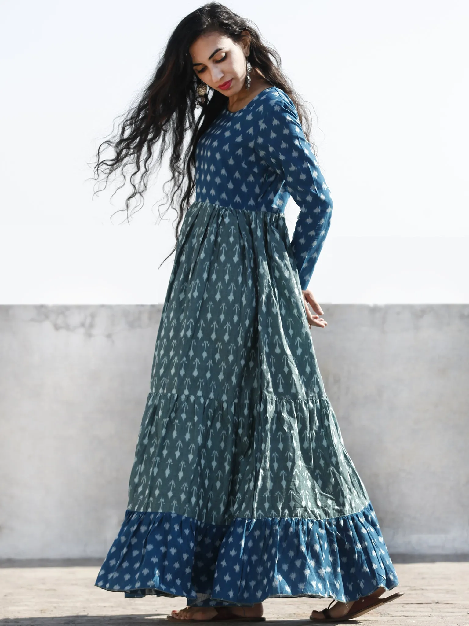 Teal Blue Pastel Teal Green Hand Woven Mercerized Cotton Ikat Tier Dress - D172F1265