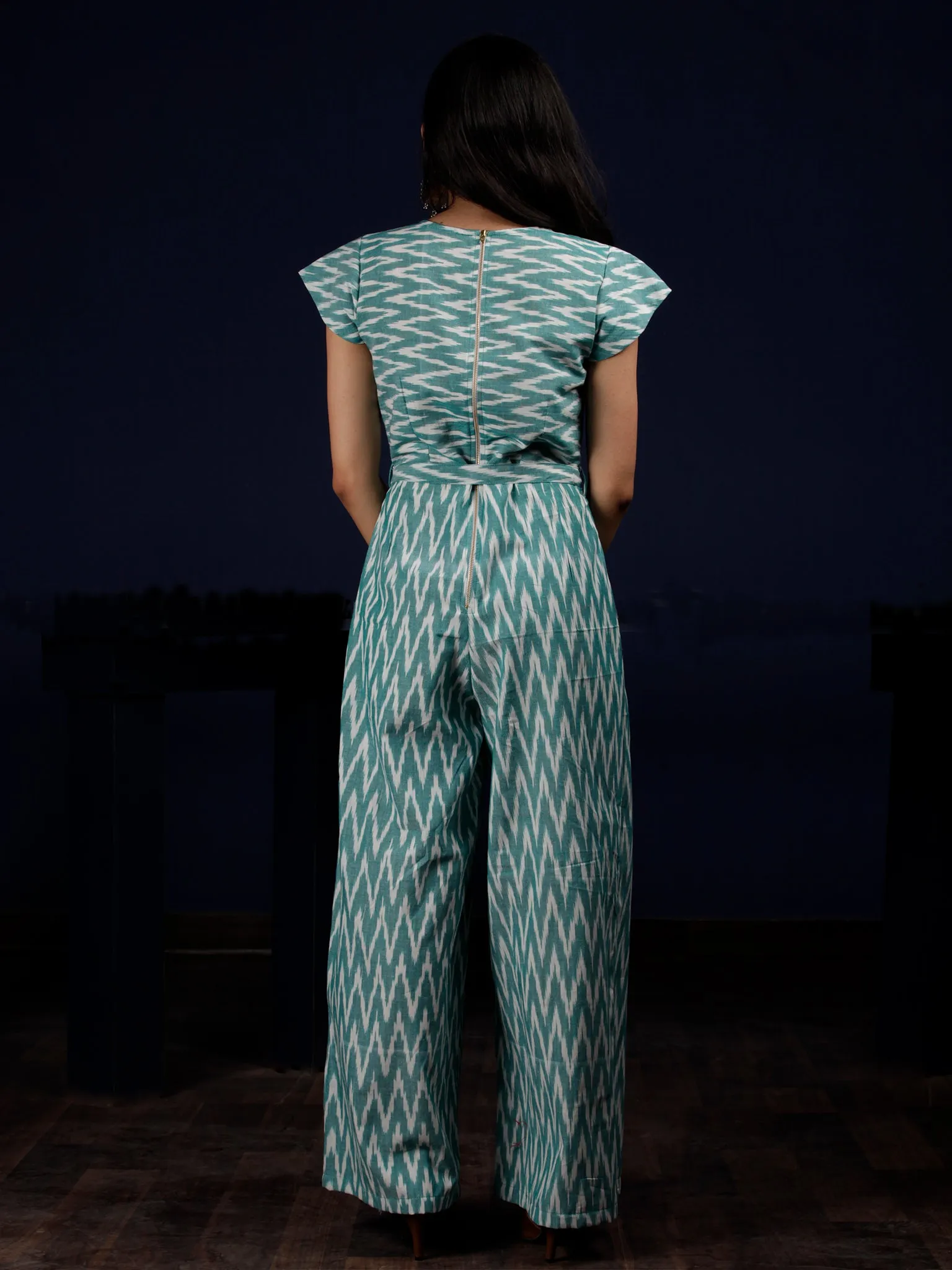 Teal Green Grey Ikat Handwoven Jumpsuit With Belt And Back Zip - D249F1253