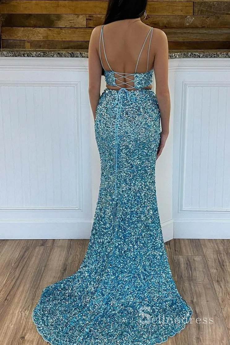 Two Pieces Mermaid Spaghetti Straps Sparkly Long Prom Dresses Sequins Evening Dress MHL2882