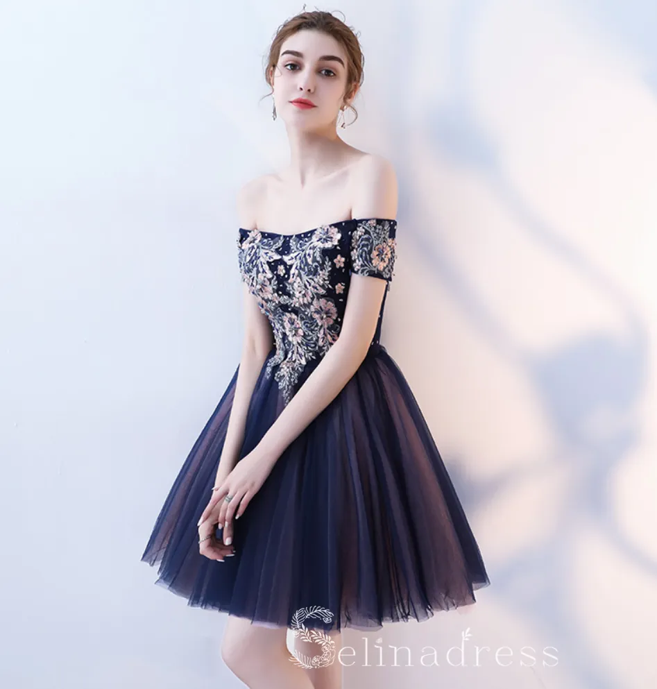 Unique Off-the-shoulder Dark Navy Cute Short Ptom Dress Homecoming Dresses MHL034