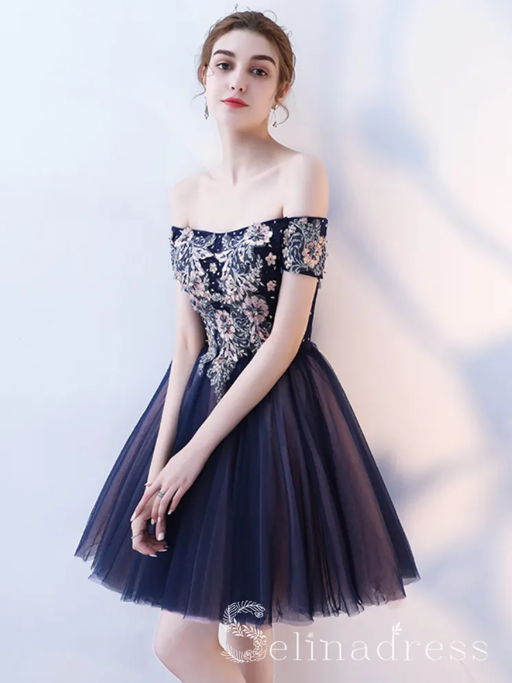 Unique Off-the-shoulder Dark Navy Cute Short Ptom Dress Homecoming Dresses MHL034