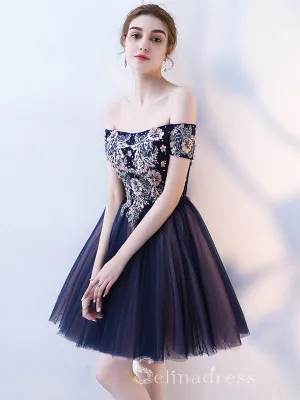 Unique Off-the-shoulder Dark Navy Cute Short Ptom Dress Homecoming Dresses MHL034