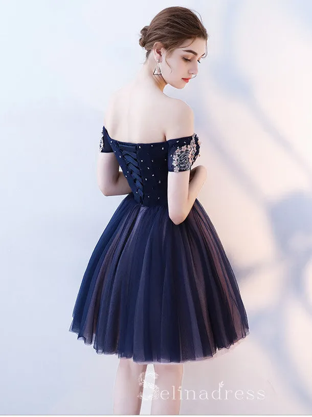 Unique Off-the-shoulder Dark Navy Cute Short Ptom Dress Homecoming Dresses MHL034