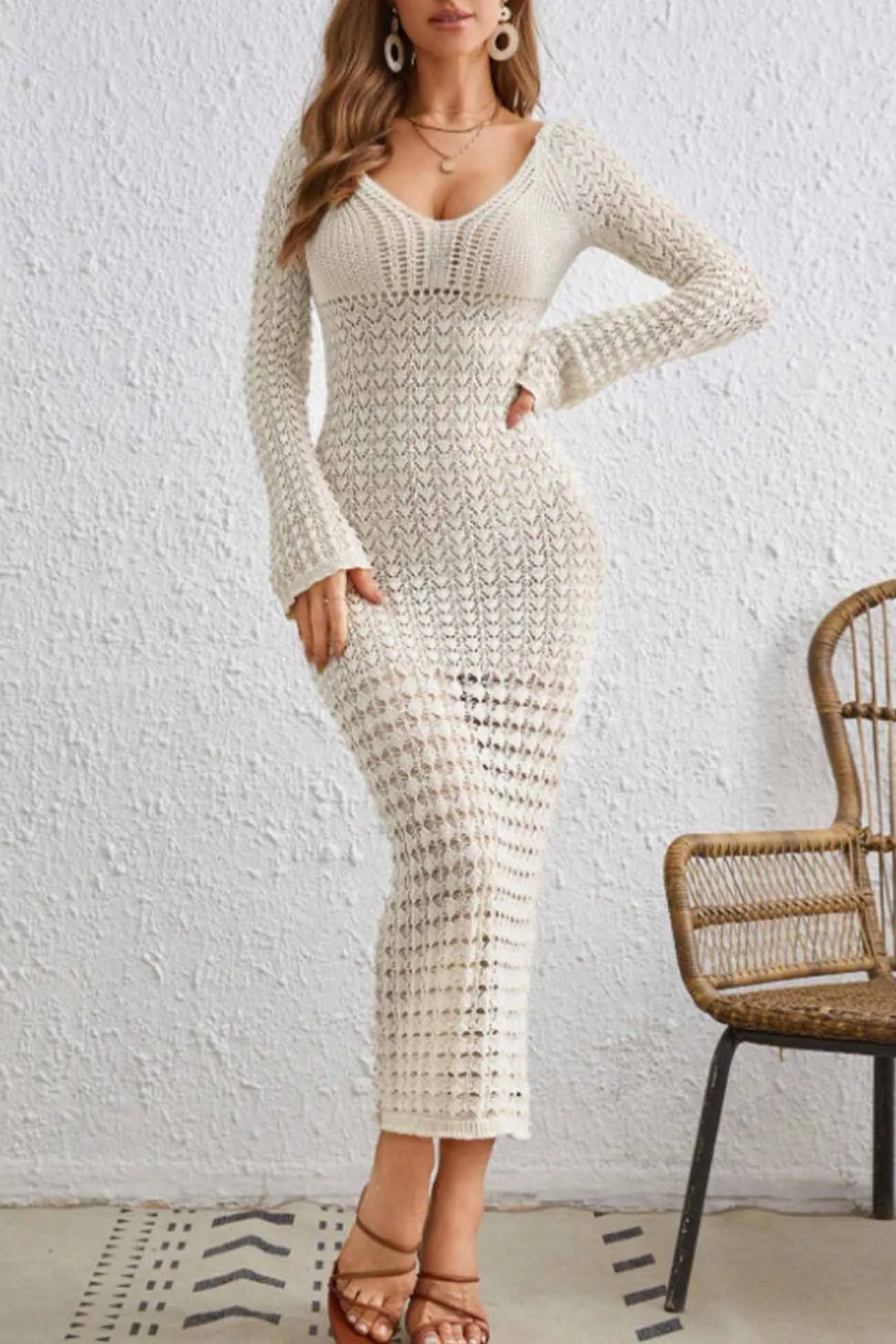 V Neck Knitted Cutout Bodycon Midi Dress