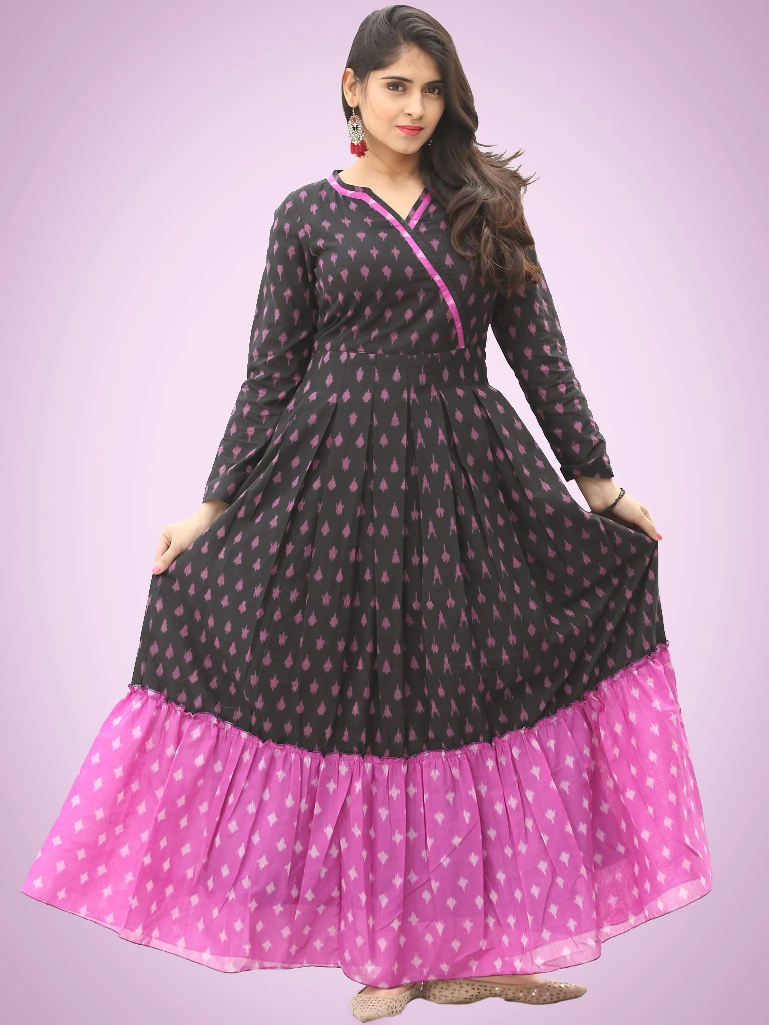 Veeda - Purple Black Handloom Silk Cotton Ikat Long Tier Dress With Gathers - D169F1855