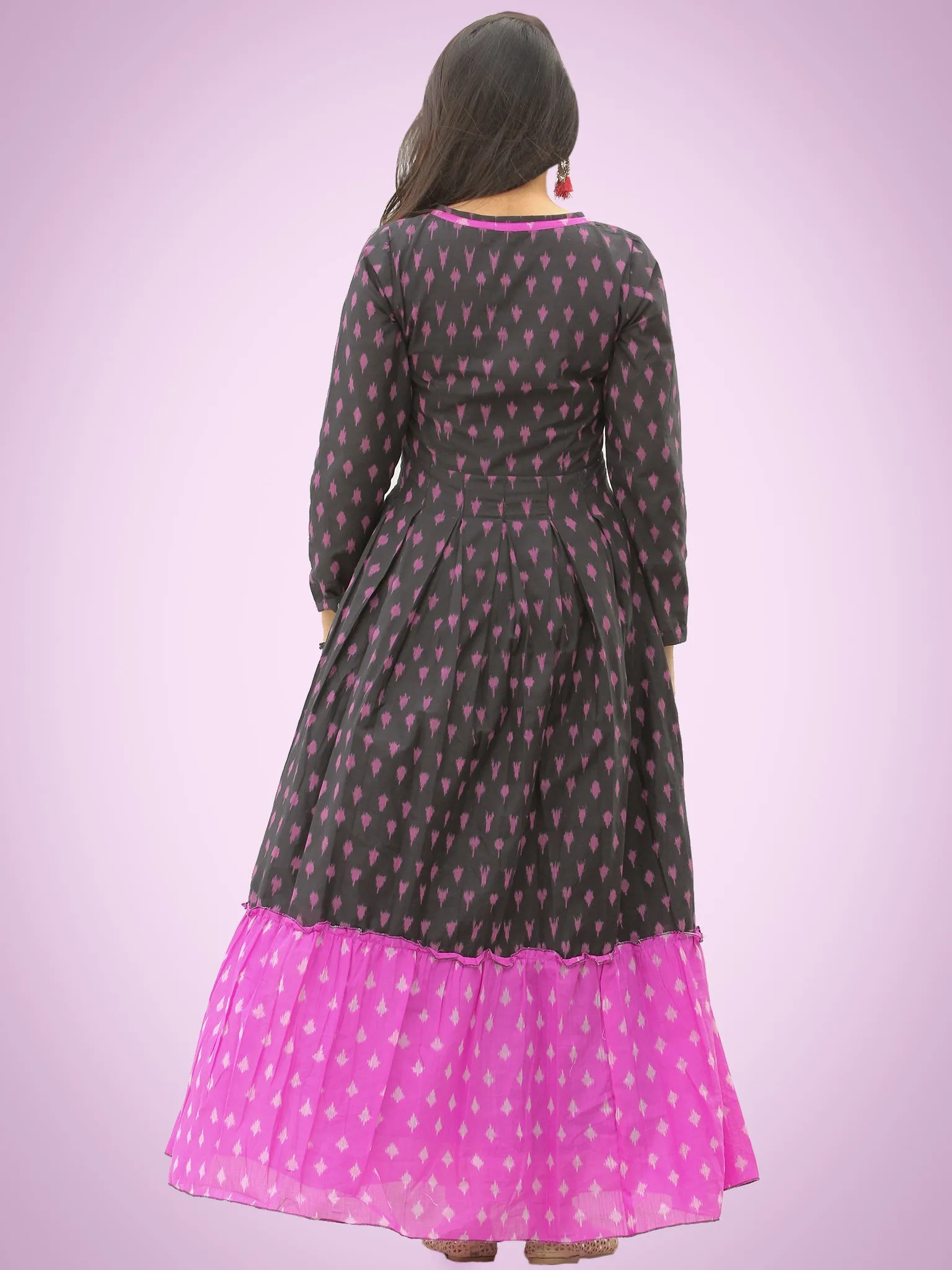 Veeda - Purple Black Handloom Silk Cotton Ikat Long Tier Dress With Gathers - D169F1855