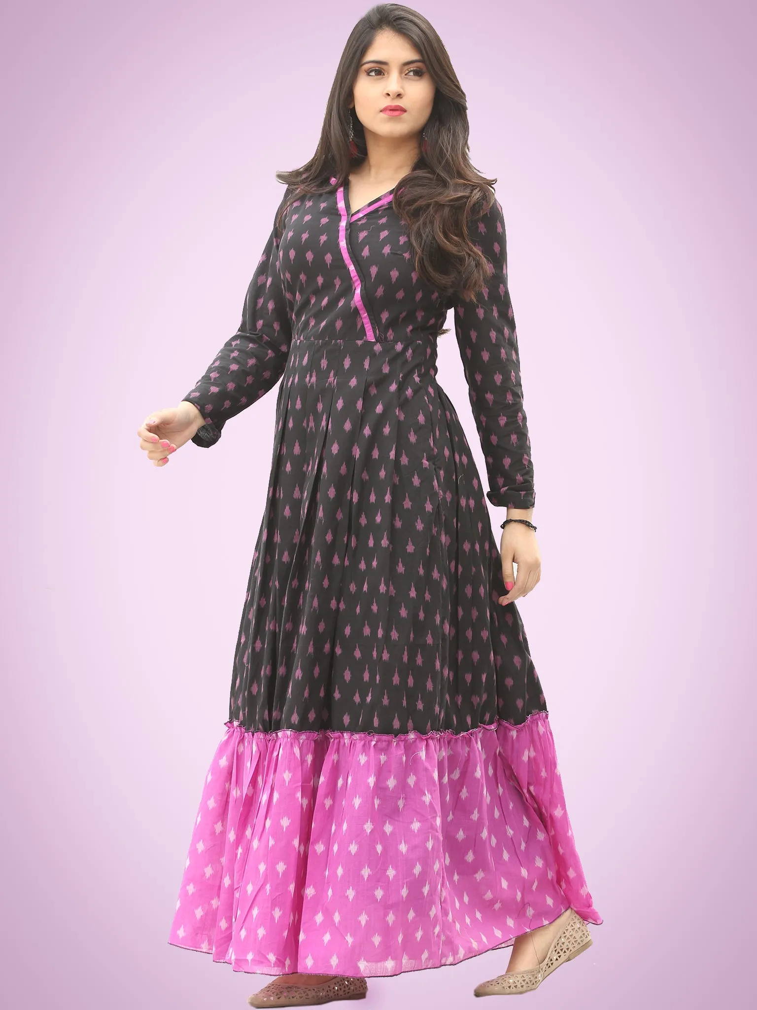 Veeda - Purple Black Handloom Silk Cotton Ikat Long Tier Dress With Gathers - D169F1855