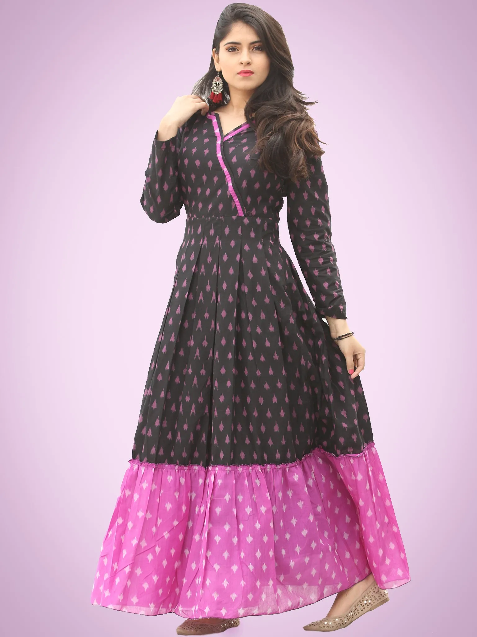 Veeda - Purple Black Handloom Silk Cotton Ikat Long Tier Dress With Gathers - D169F1855