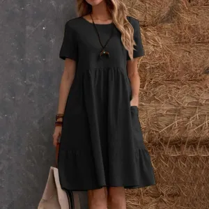 Vintage O-Neck Half Sleeve Mid-Calf Length Relaxed Effortless Casual Solid Dress