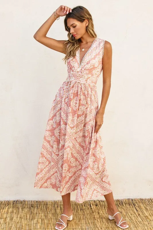 Waitlist 1/20 ♥ Keisha Sleeveless Paisley Print Scalloped Midi Dress Pink