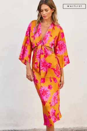 Waitlist 3/5 ♥ Hannah Kimono Sleeve Floral Print Cut Out Midi Dress Orange