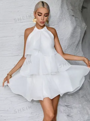 Wedding Dress Guest Layer Hem Halter Neck White Dress