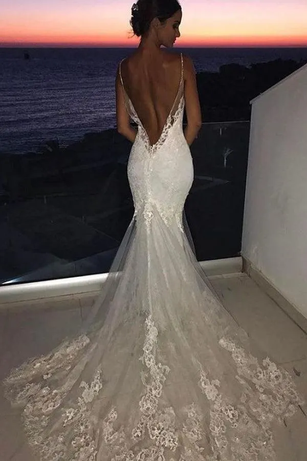 Wedding Dresses Lace Mermaid  Sexy Spaghetti Straps Bride Dress  WD597