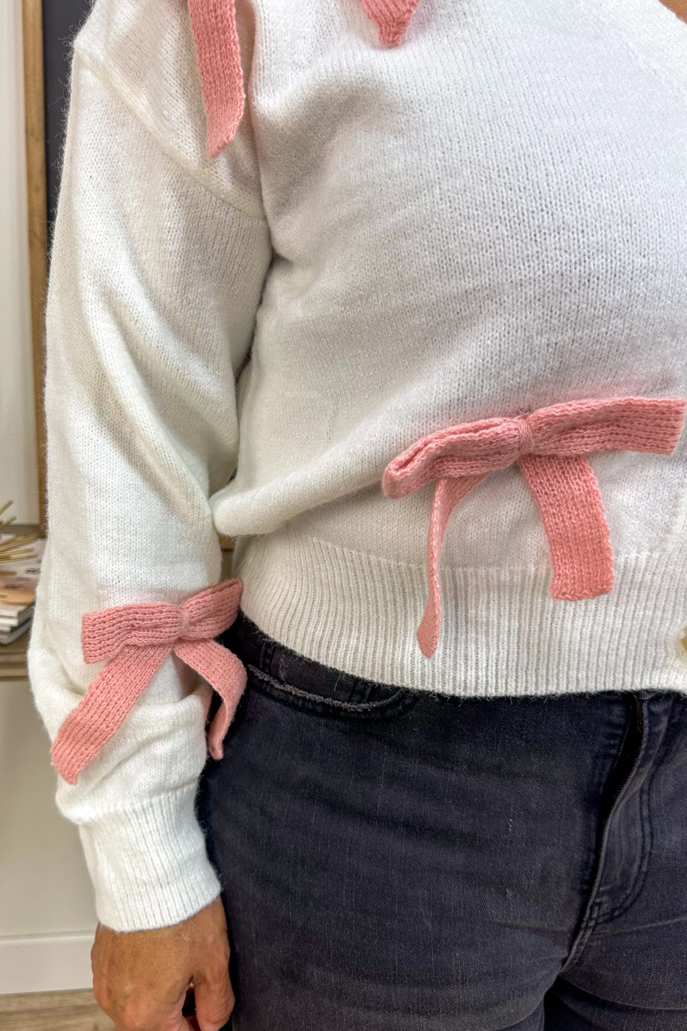 White Cardigan with Pink Bows