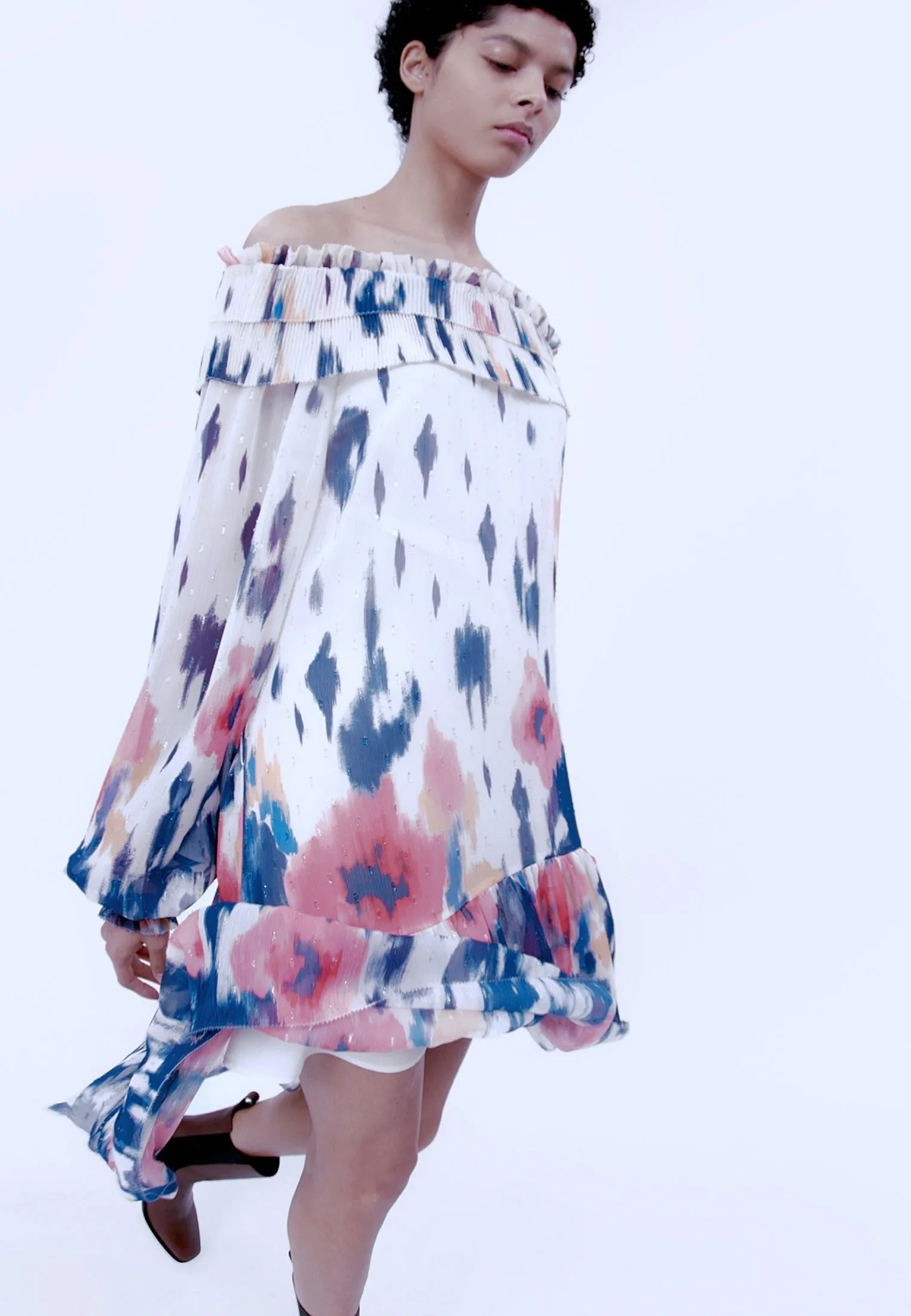 White Floral-print Open-necked Chiffon Dress