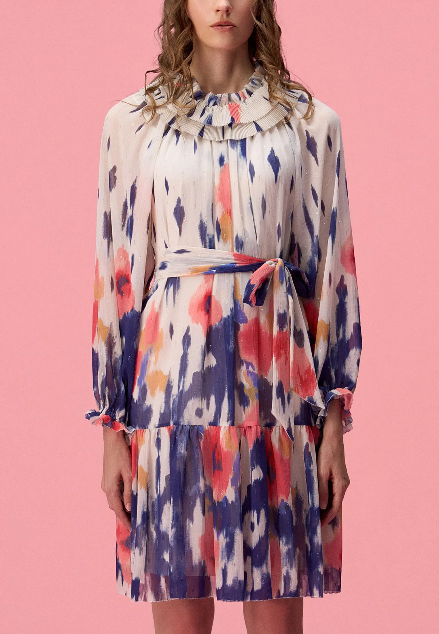 White Floral-print Open-necked Chiffon Dress