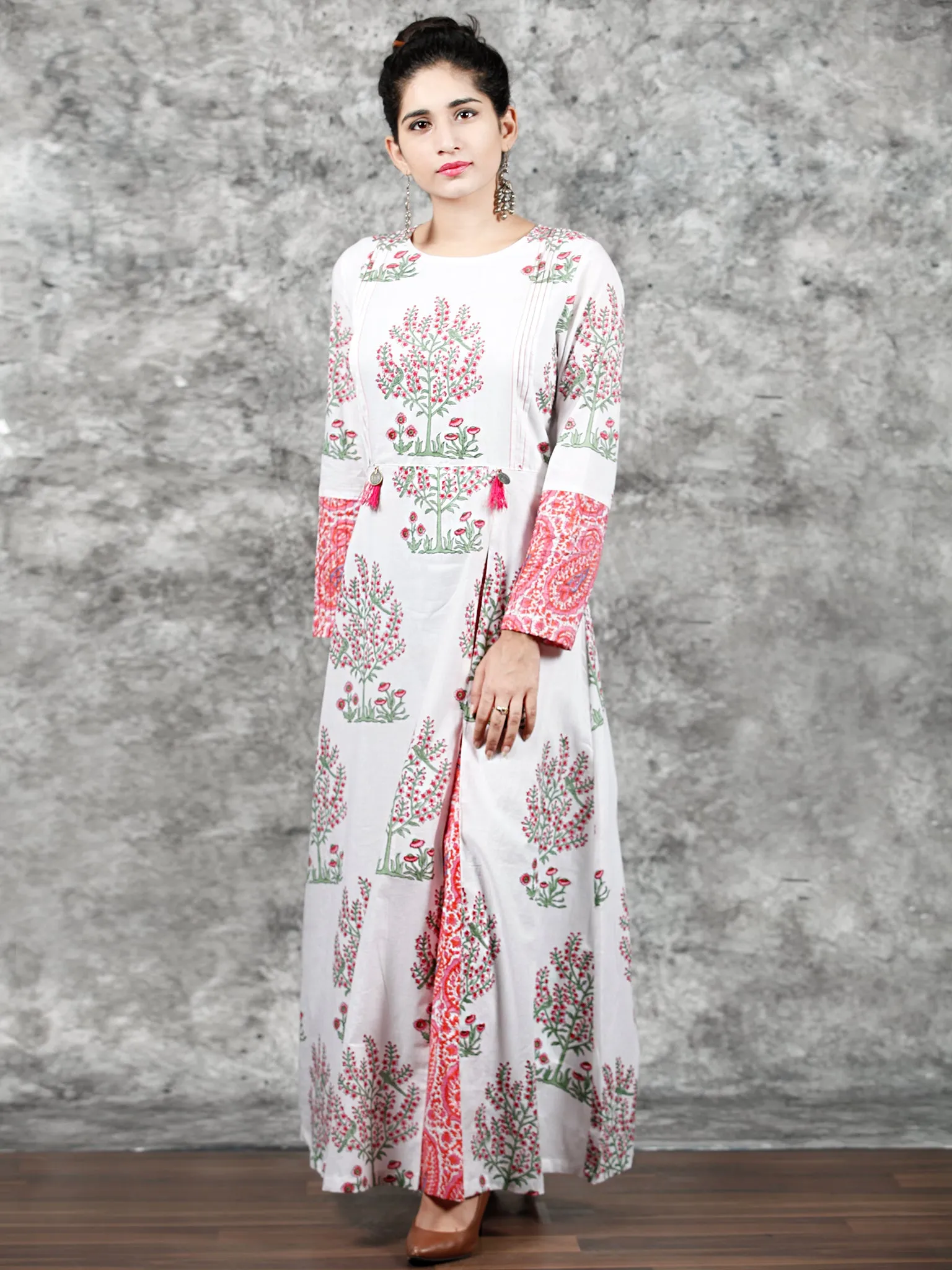 White Pink Green Hand Block Printed Cotton Long Dress With Pintucks  -  D288F1495