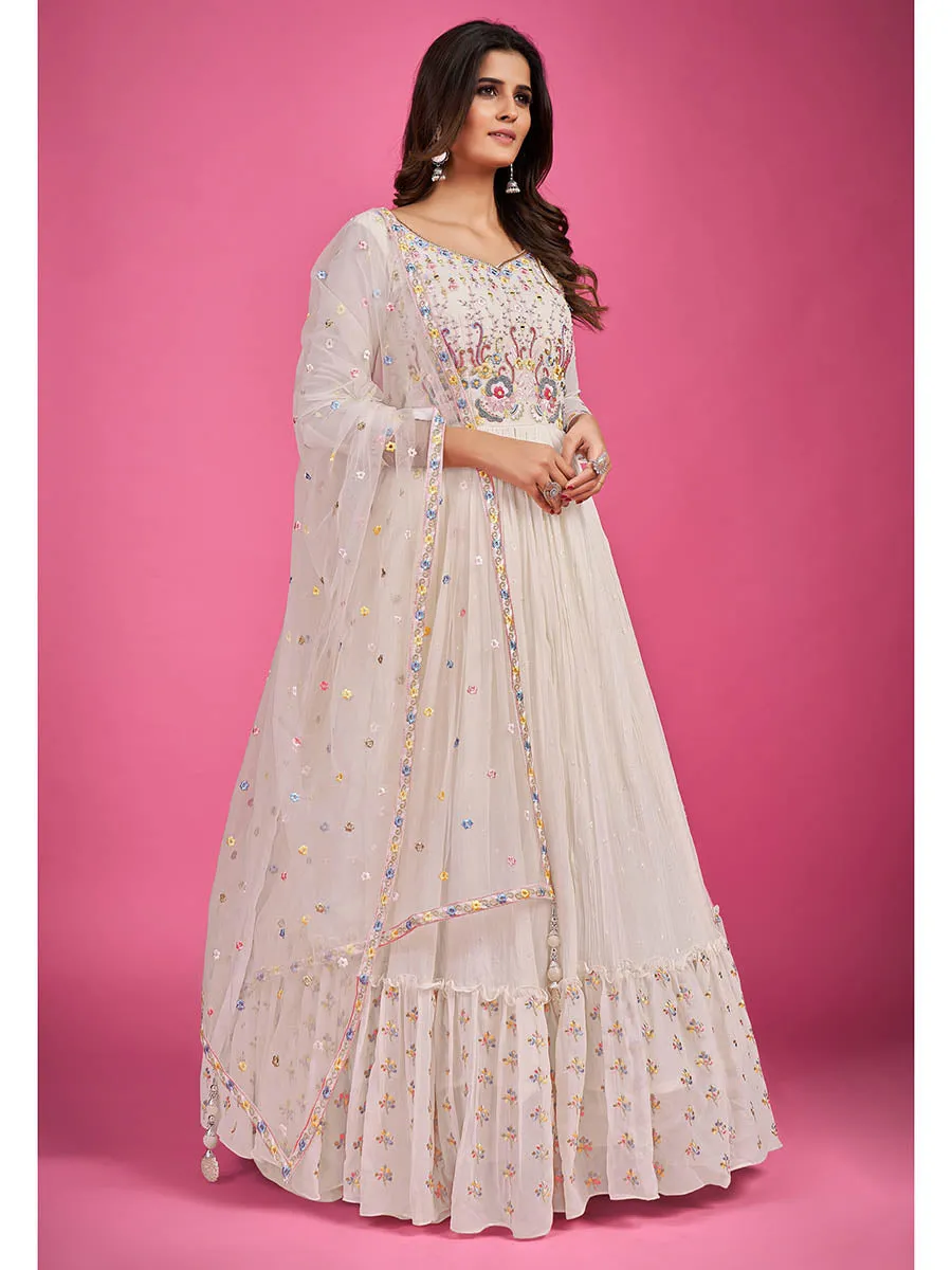 White Pure Georgette Embroidered Gown