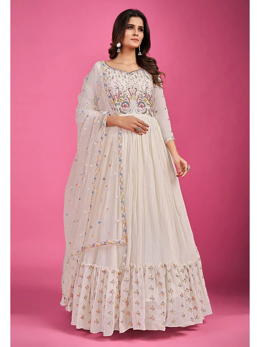 White Pure Georgette Embroidered Gown