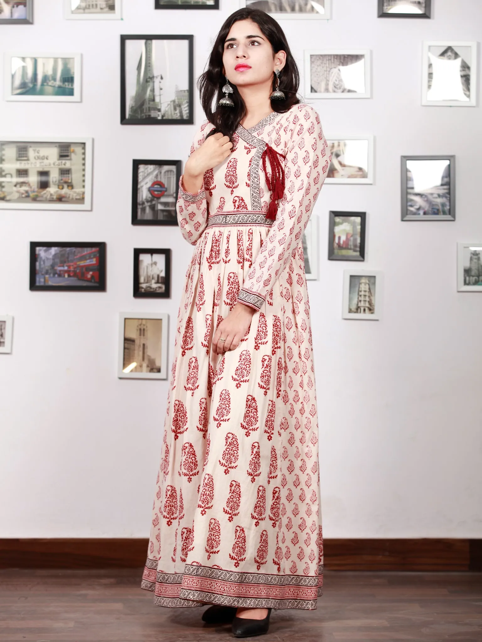 White Red Black Bagh Printed Cotton Long Angrakha Dress With Gathers - D298F1719