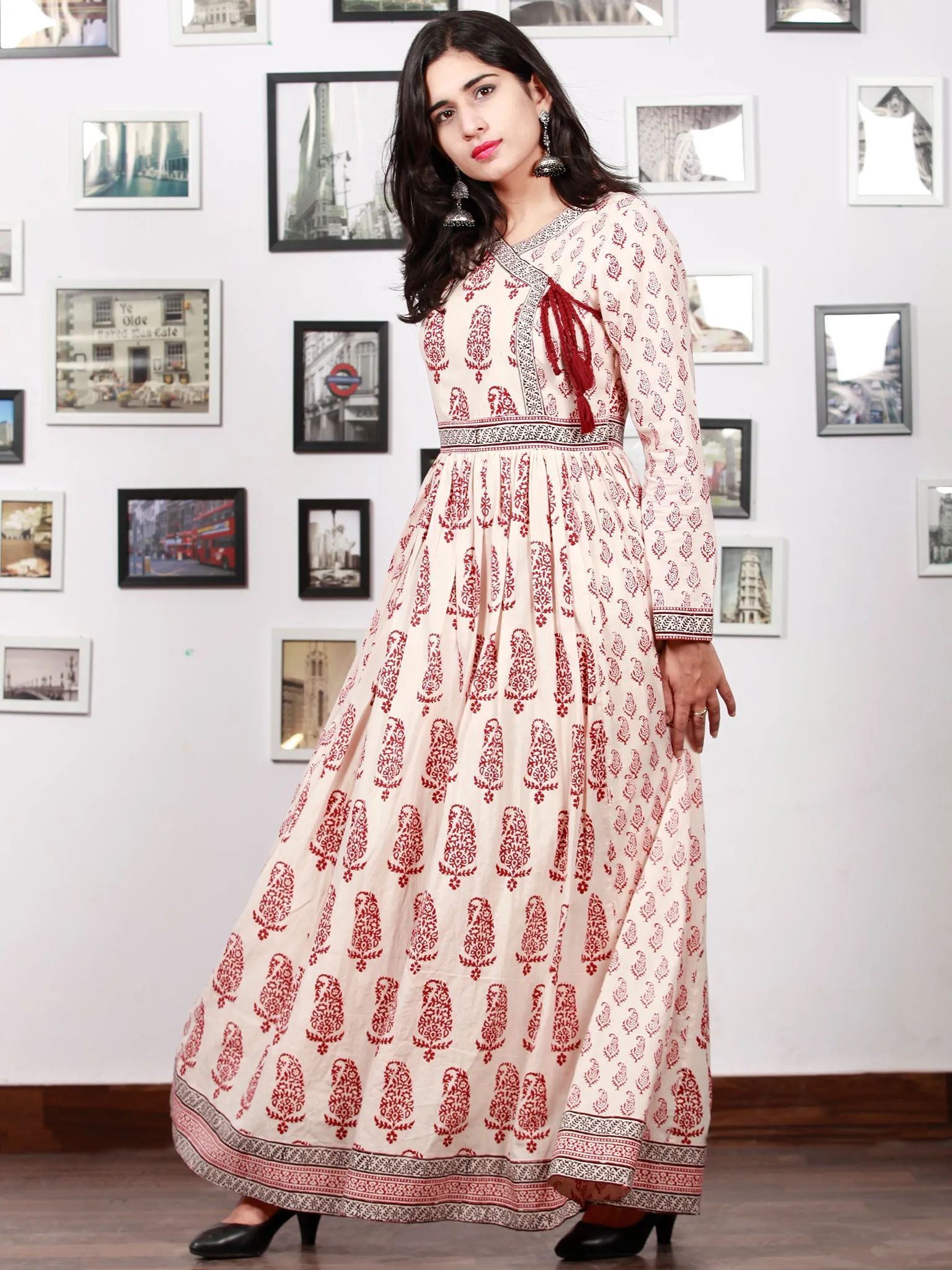 White Red Black Bagh Printed Cotton Long Angrakha Dress With Gathers - D298F1719