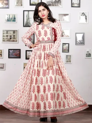 White Red Black Bagh Printed Cotton Long Angrakha Dress With Gathers - D298F1719