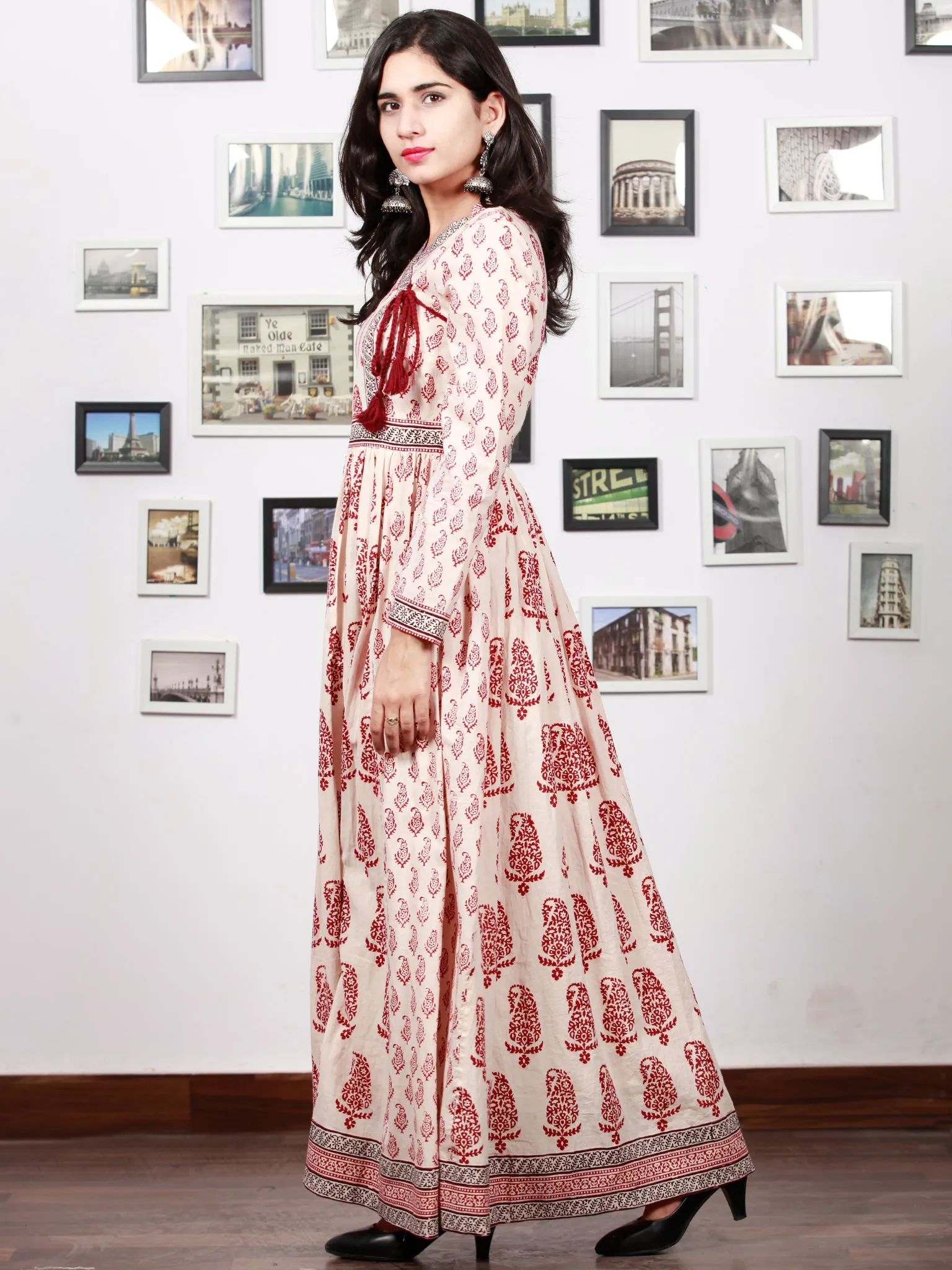 White Red Black Bagh Printed Cotton Long Angrakha Dress With Gathers - D298F1719