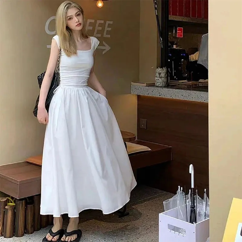 White Square Neck Elegant Chiffon Women's Dresses French Style Pure Color Ruffles Dress Summer Sleeveless Simple Dresses