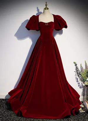 Wine Red Velvet Puffy Sleeves Long Party Dress, Wine Red Long Prom Dress