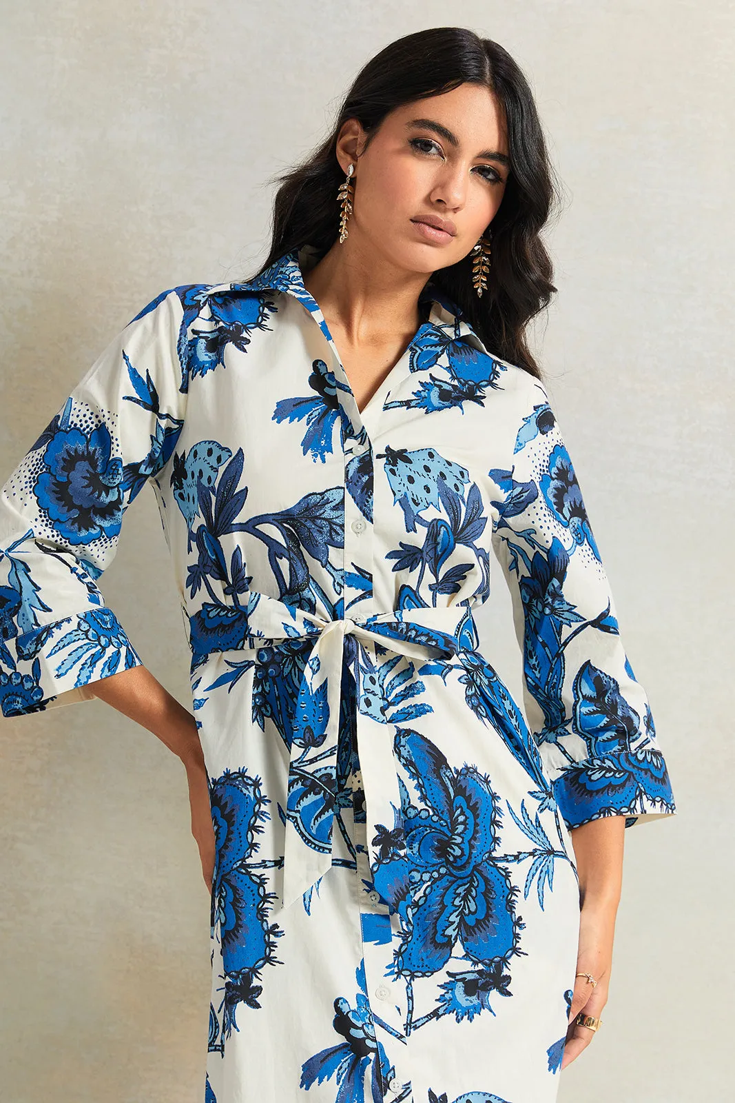 Women White And Blue Floral Printed Dress